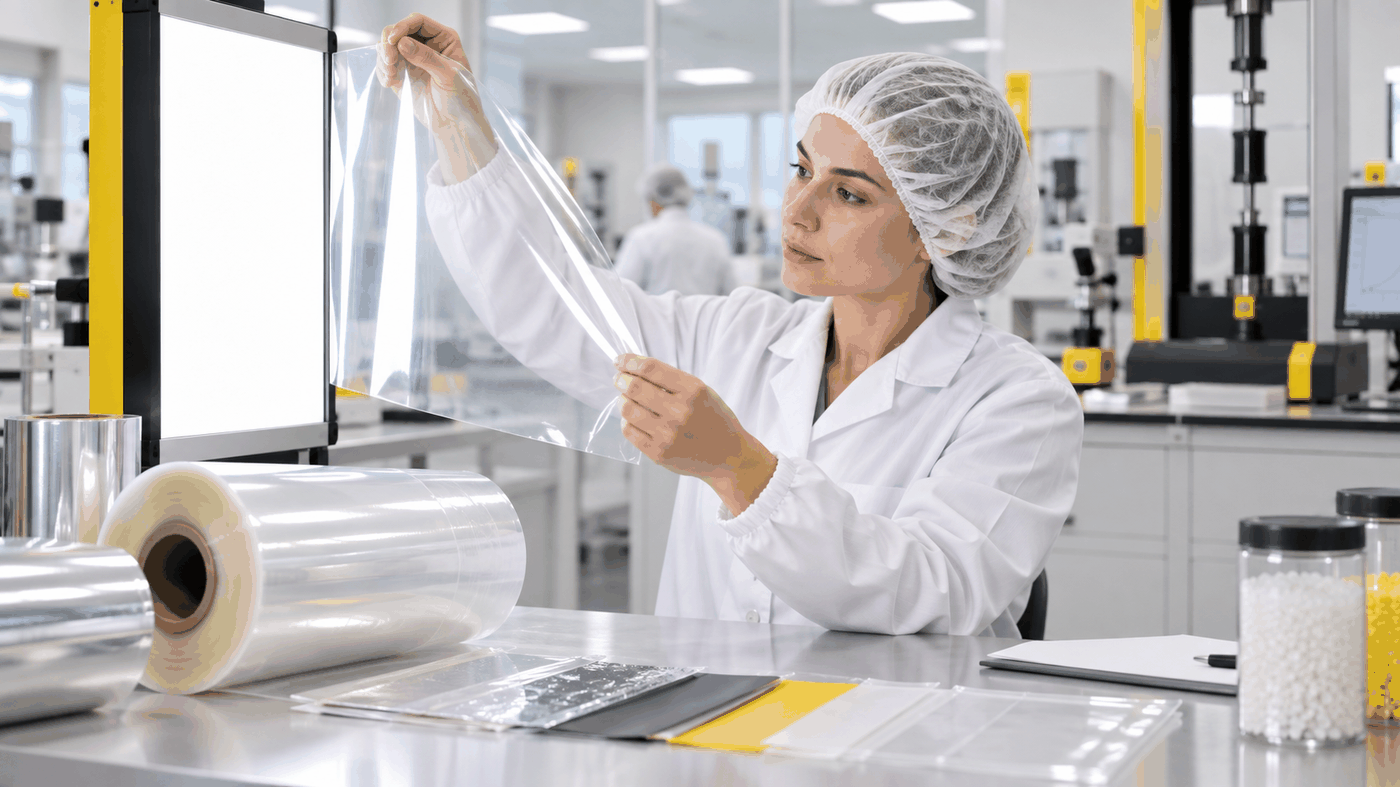 Technician in a hairnet examining clear barrier film against a light box in a packaging research lab