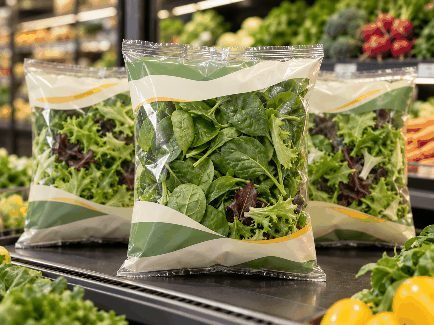 Salad bag and fresh produce roll stock packaging